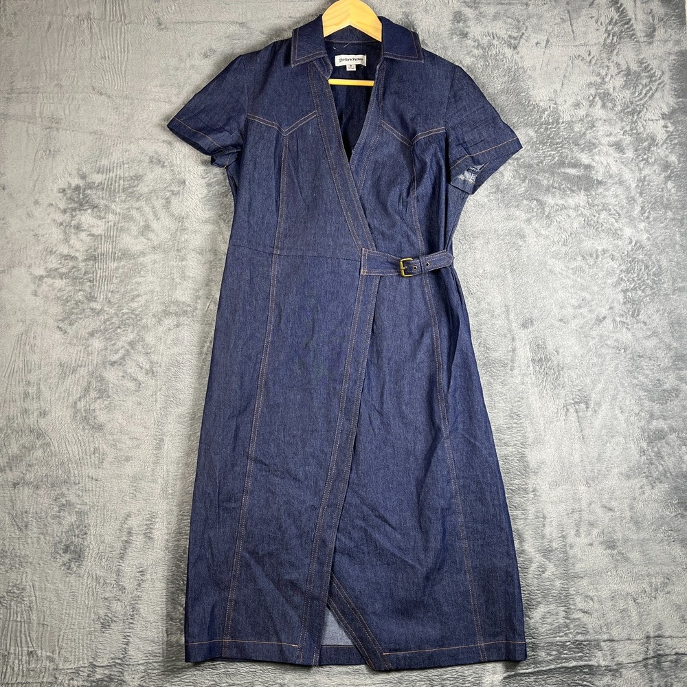 Shelby & Palmer Wrap Dress Womens 6 Blue Denim Cotton Midi Side Zip Buckle Waist